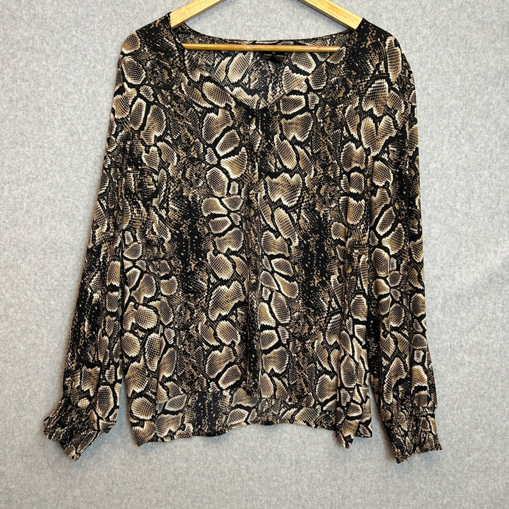 Worthington Size XL Blouse Brown Python Snakeskin Print Long Sleeve V-Neck Top